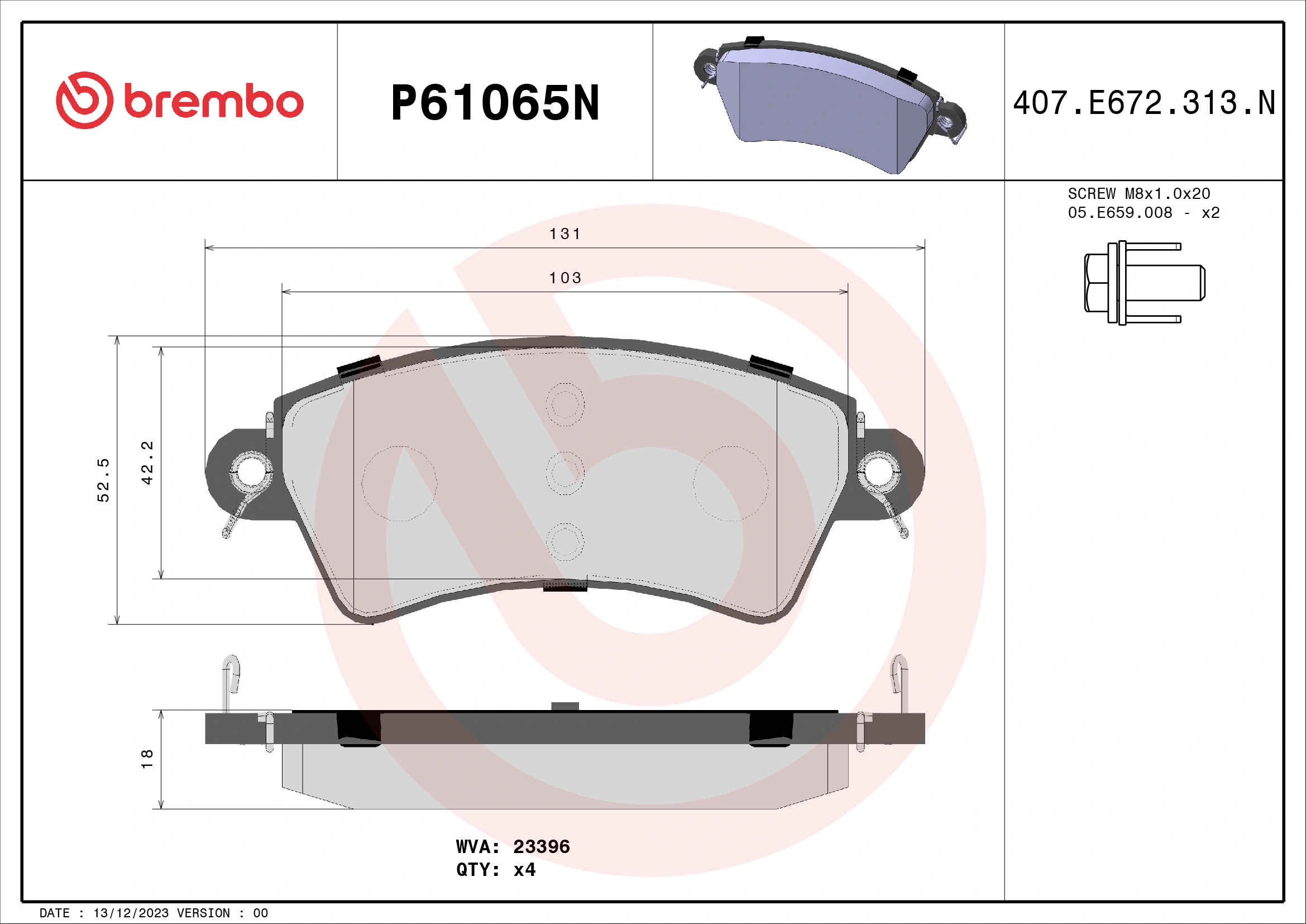 BREMBO fékbetétkészlet, tárcsafék - P61065N - TothCarparts