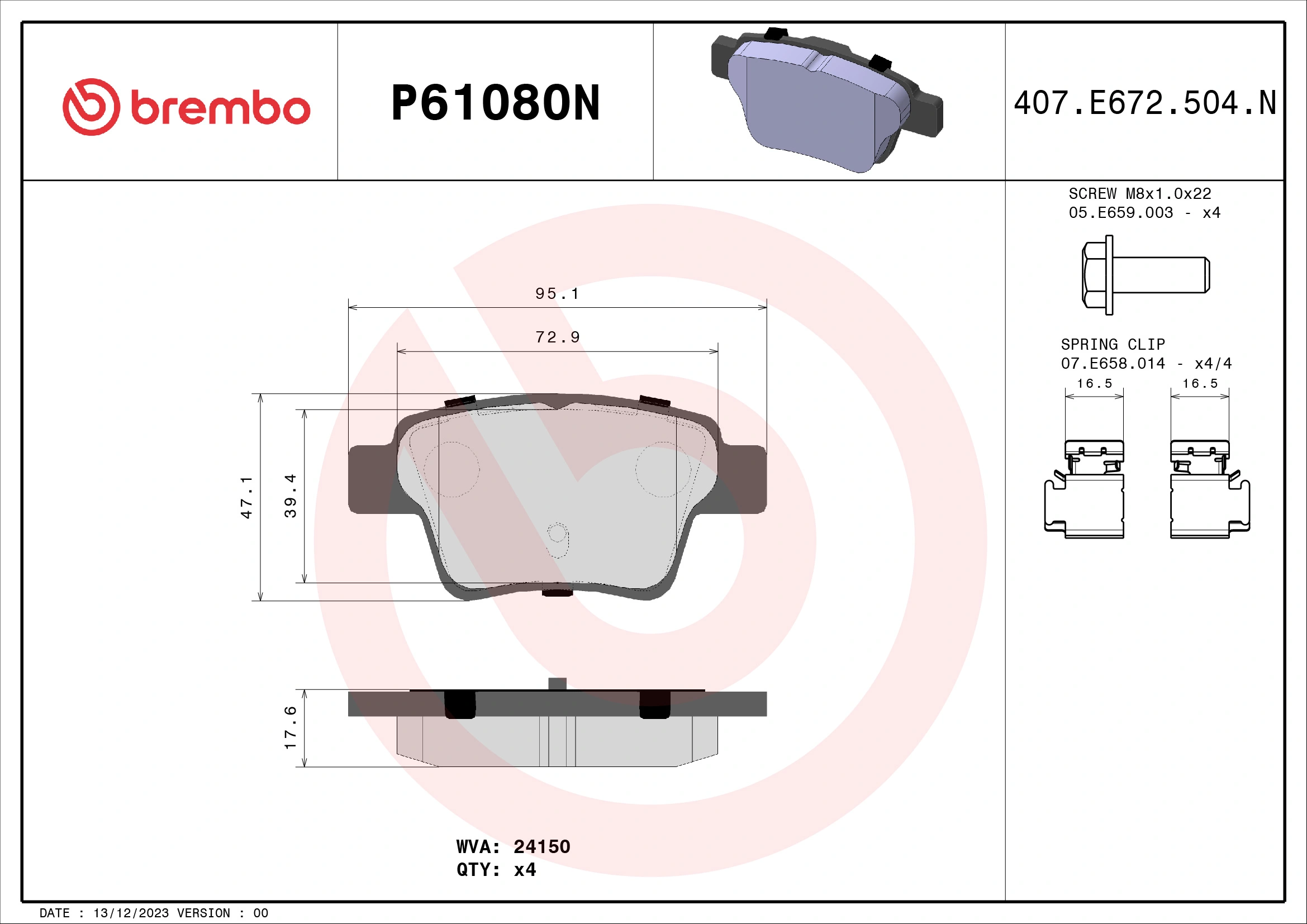 BREMBO fékbetétkészlet, tárcsafék - P61080N - TothCarparts