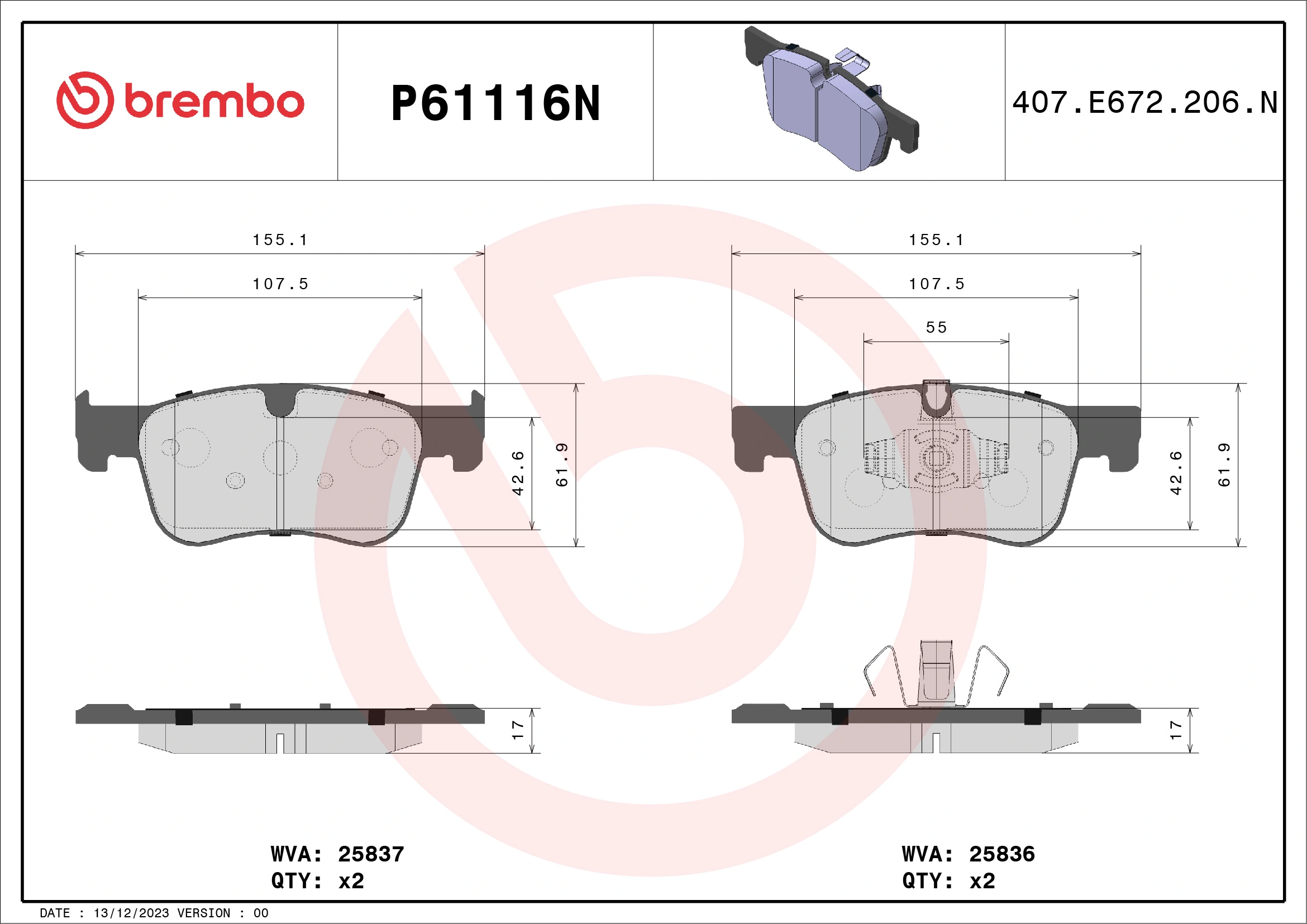 BREMBO fékbetétkészlet, tárcsafék - P61116N - TothCarparts