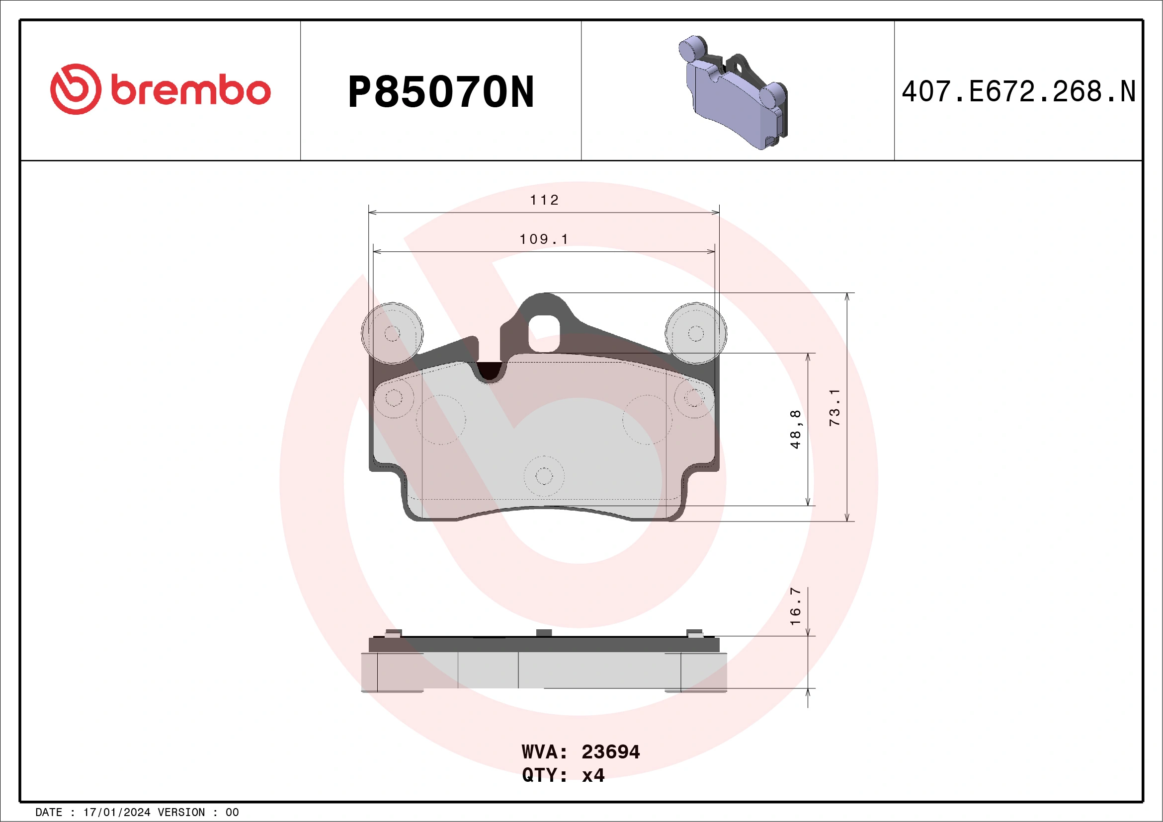 BREMBO fékbetétkészlet, tárcsafék - P85070N - TothCarparts
