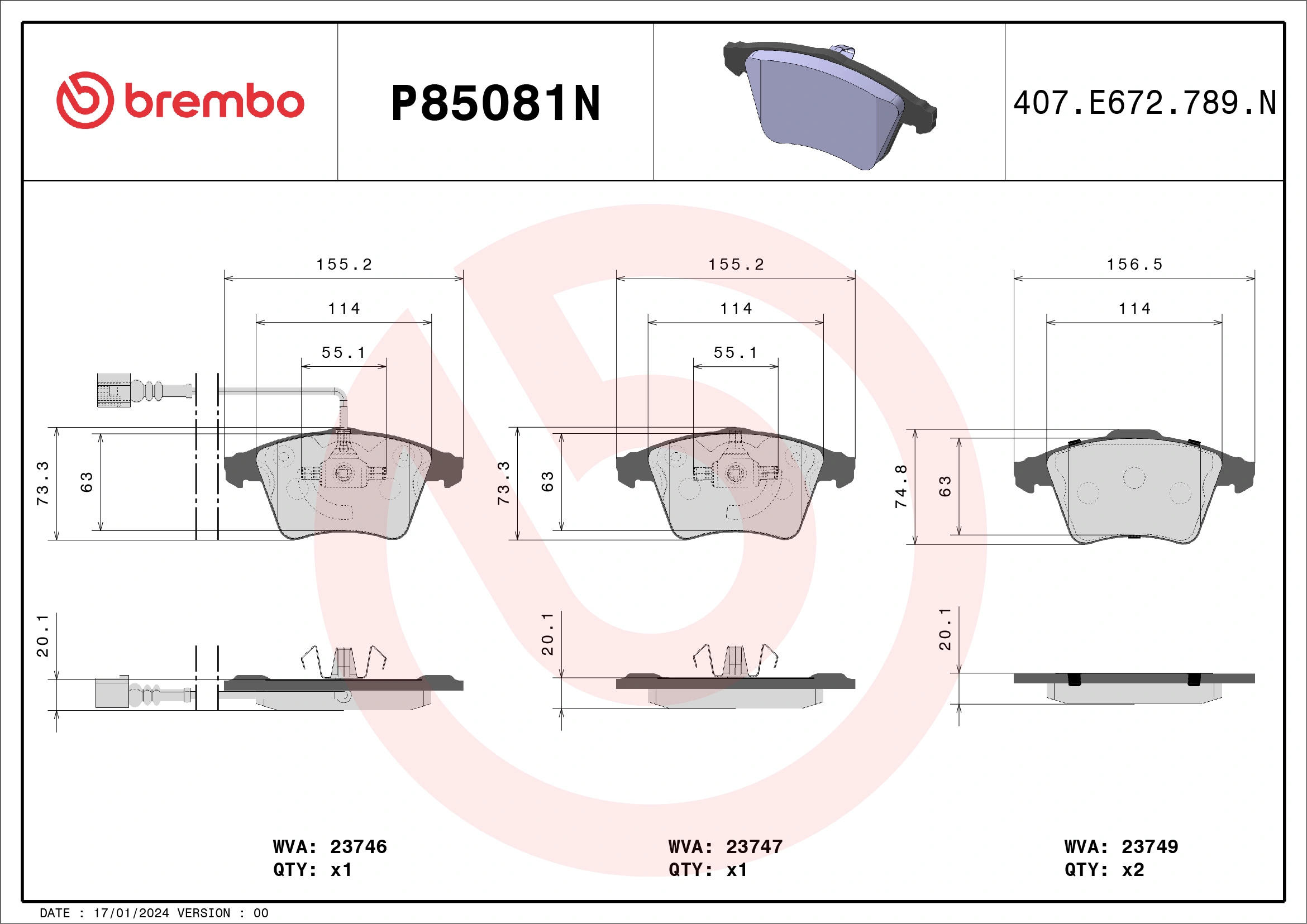 BREMBO fékbetétkészlet, tárcsafék - P85081N - TothCarparts