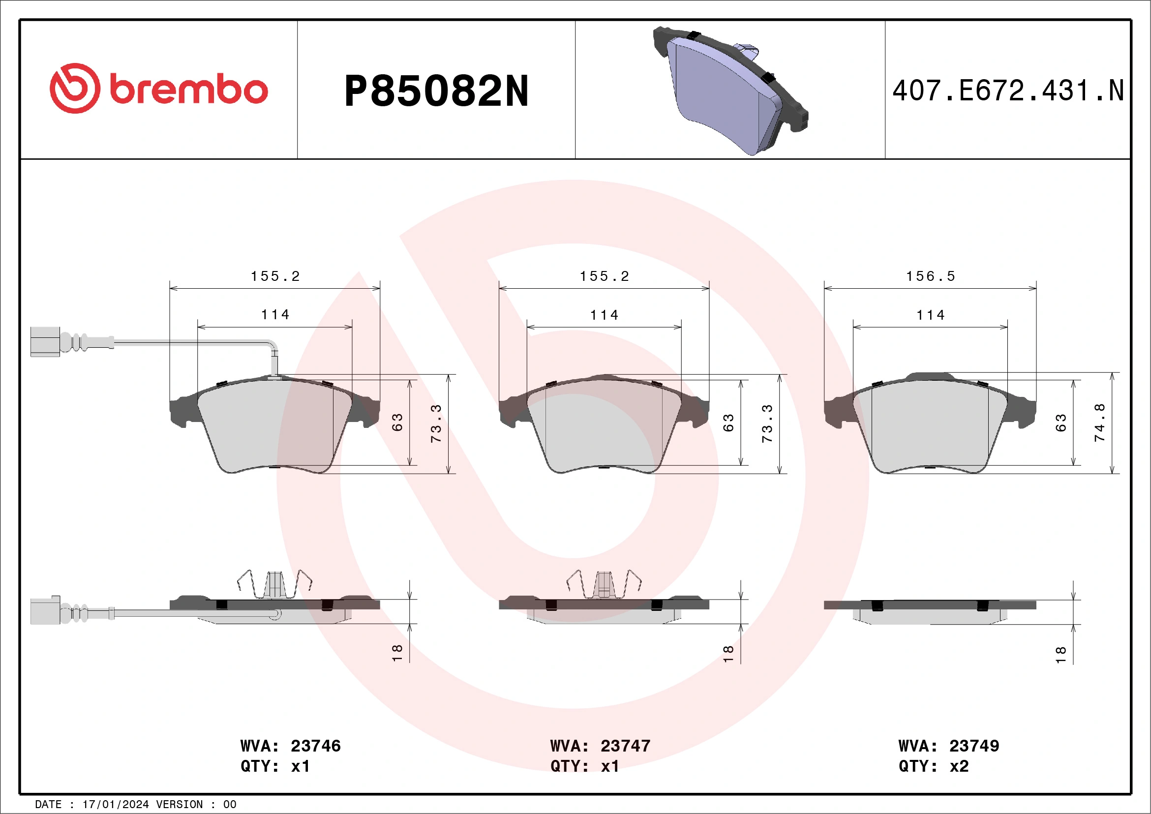 BREMBO fékbetétkészlet, tárcsafék - P85082N - TothCarparts