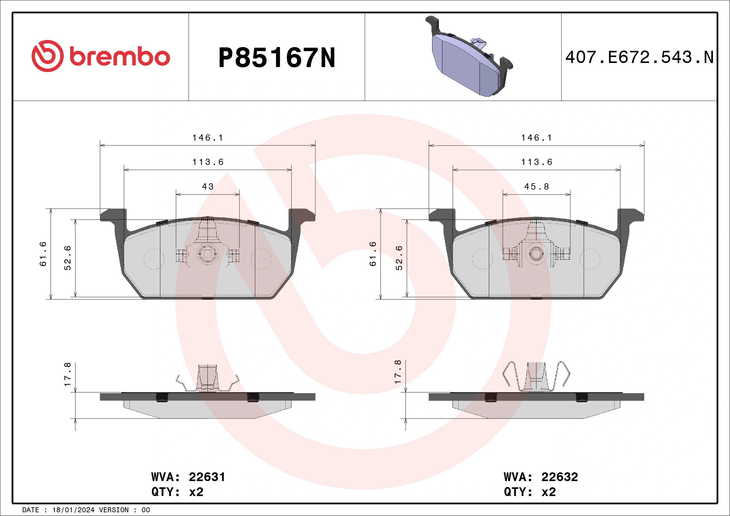 BREMBO fékbetétkészlet, tárcsafék - P85167N - TothCarparts