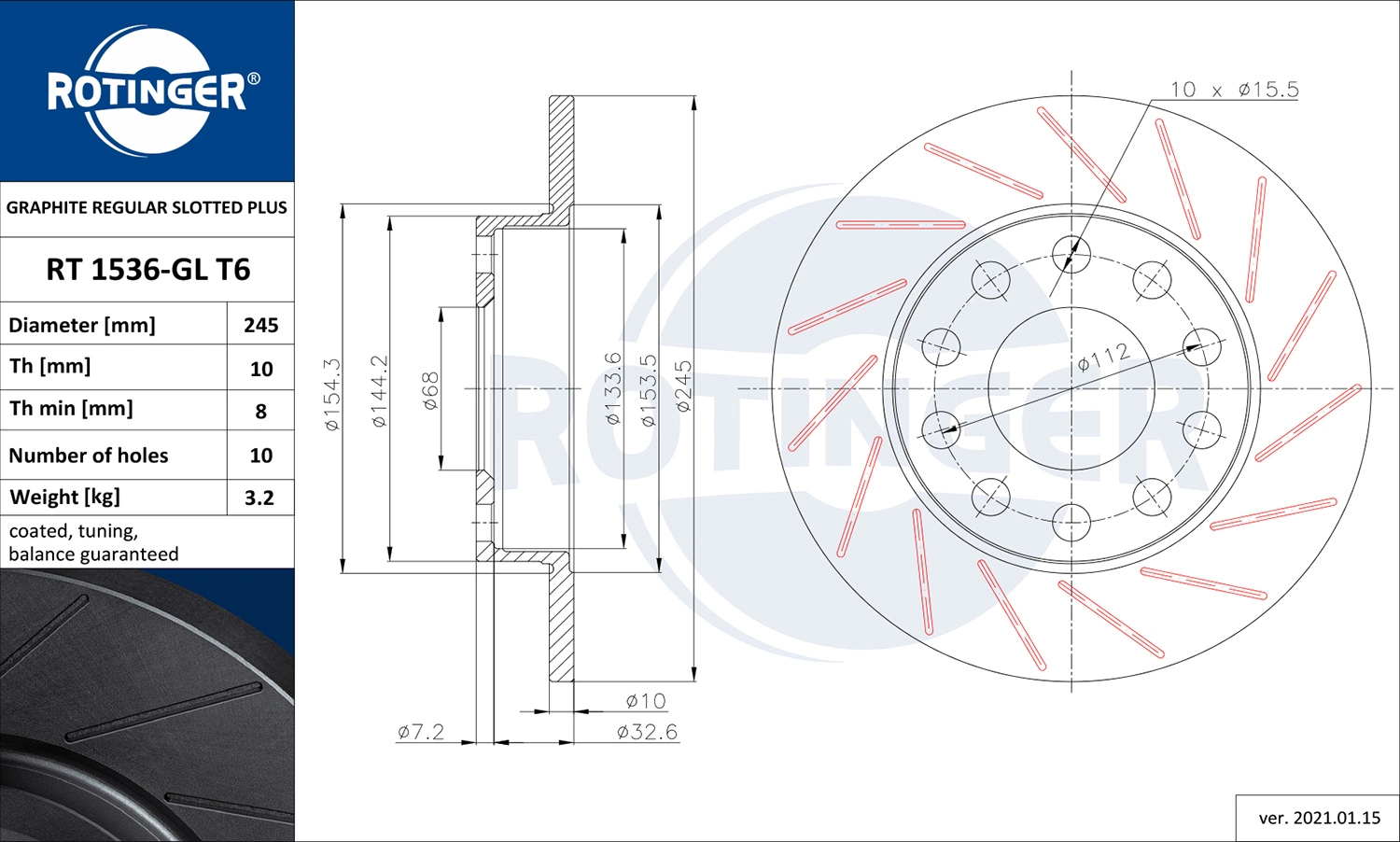 ROTINGER féktárcsa - RT 1536-GL T6 - TothCarparts