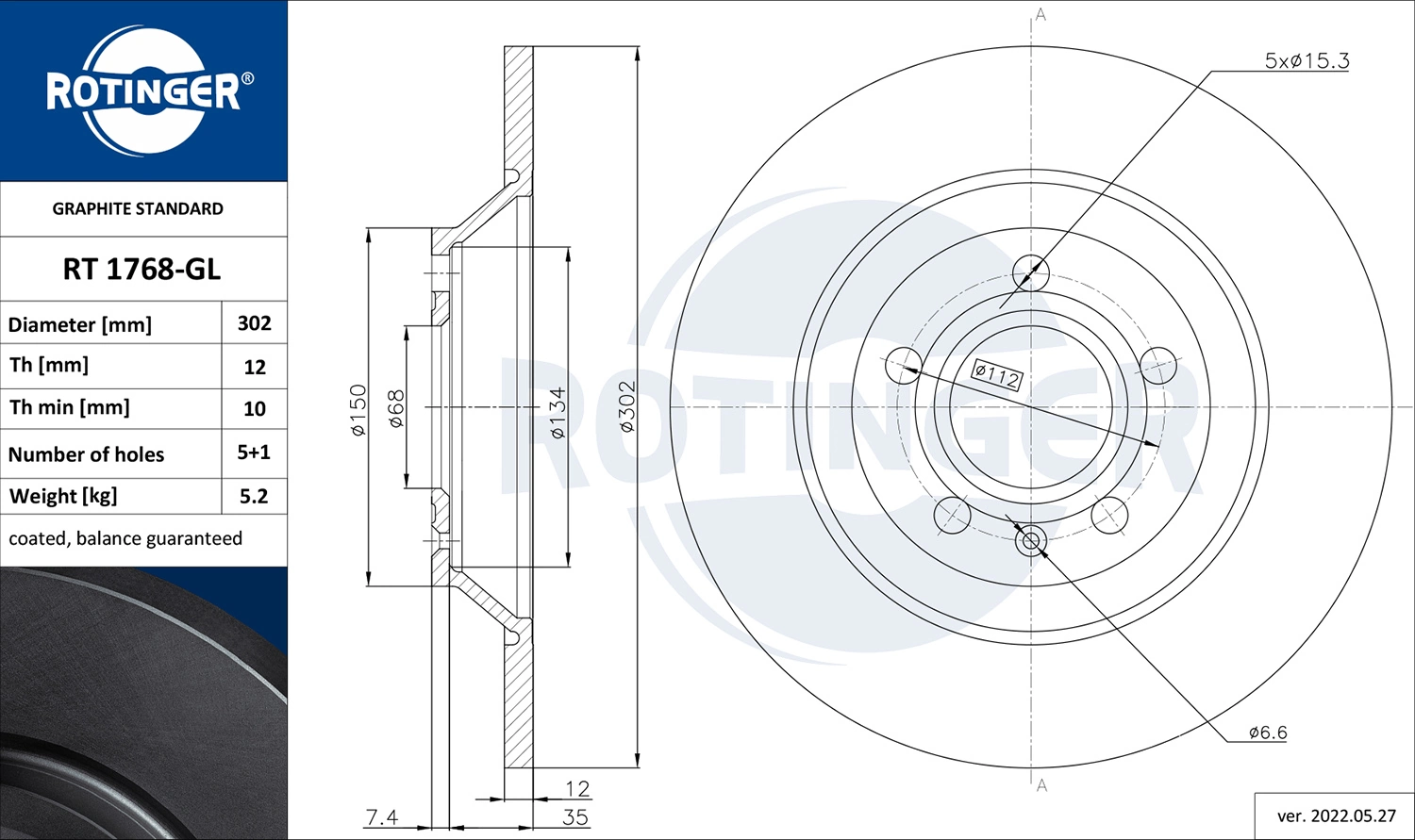 ROTINGER féktárcsa - RT 1768-GL - TothCarparts