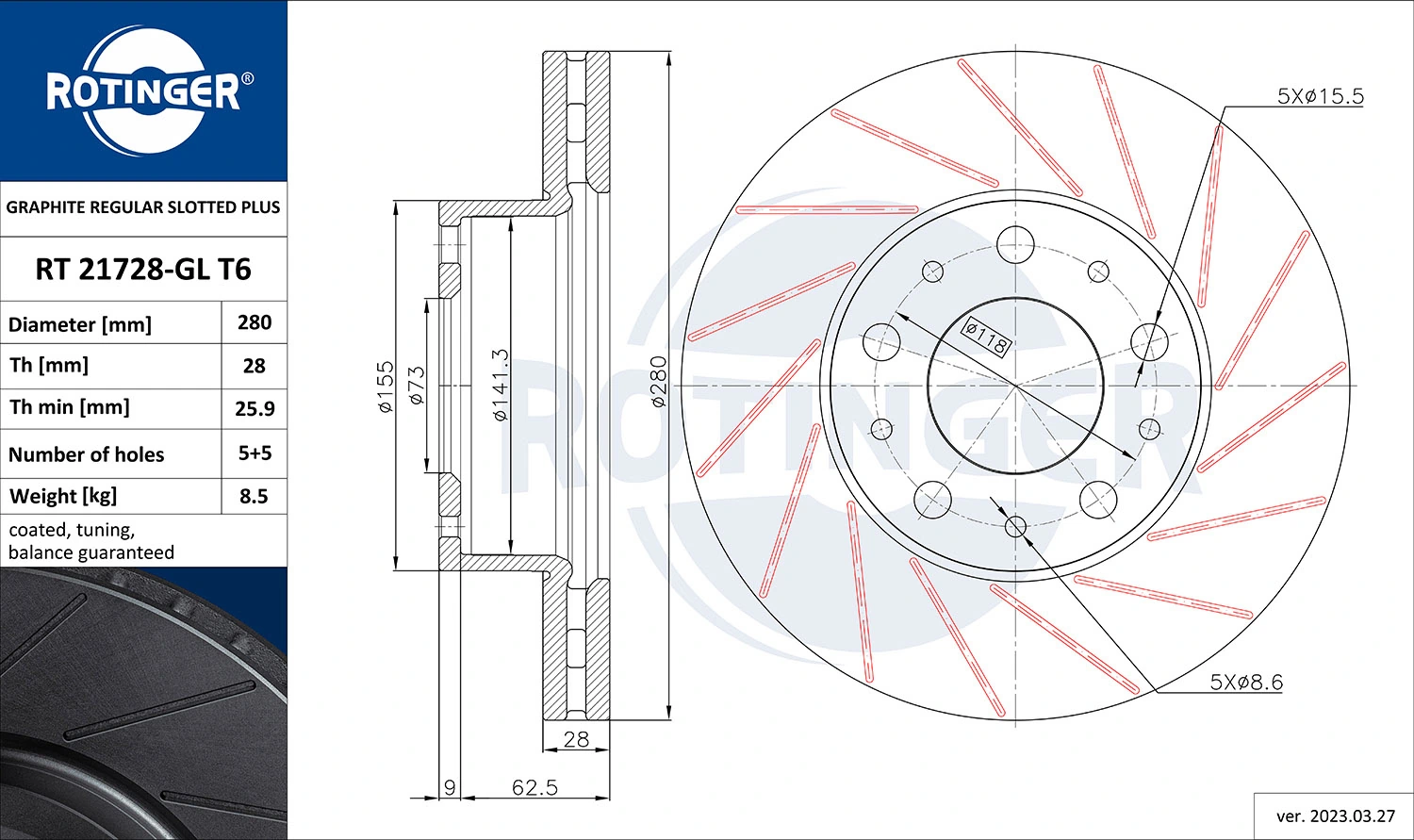 ROTINGER féktárcsa - RT 21728-GL T6 - TothCarparts