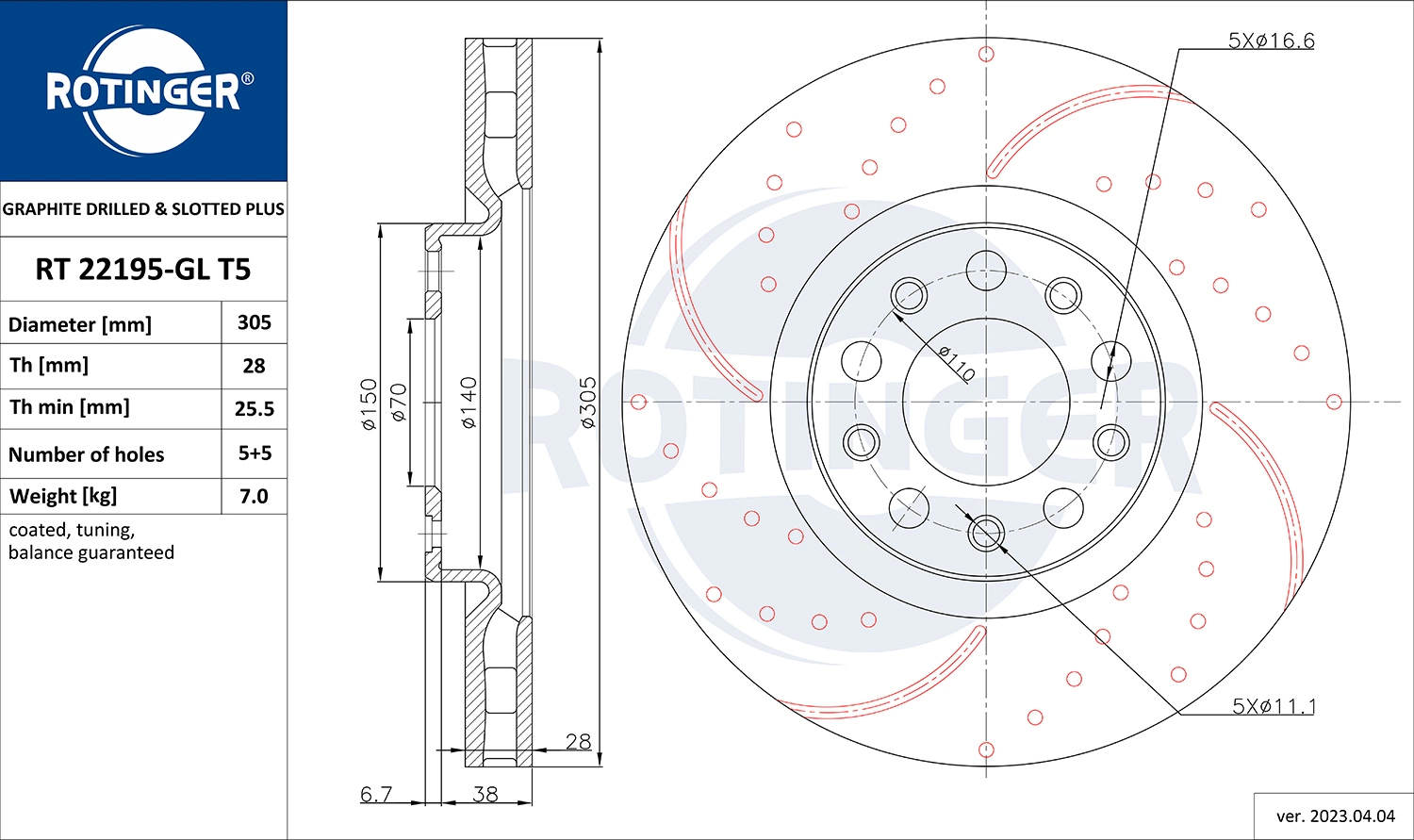 ROTINGER féktárcsa - RT 22195-GL T5 - TothCarparts